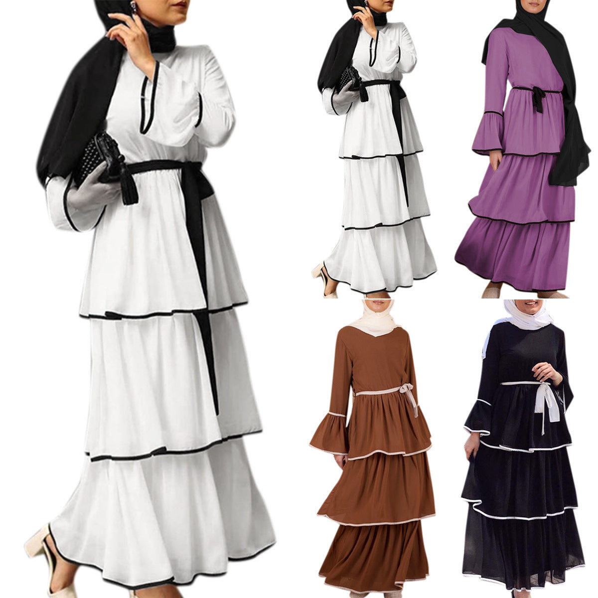Elegant Muslim Dress with Trumpet Sleeves and Matching Handscarf